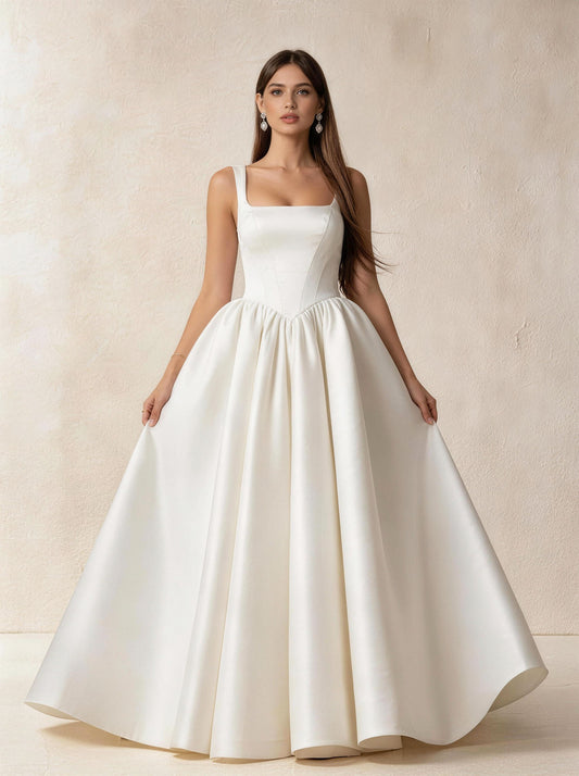 Women's Sleeveless Square Neck Straps A-line Wedding Dress