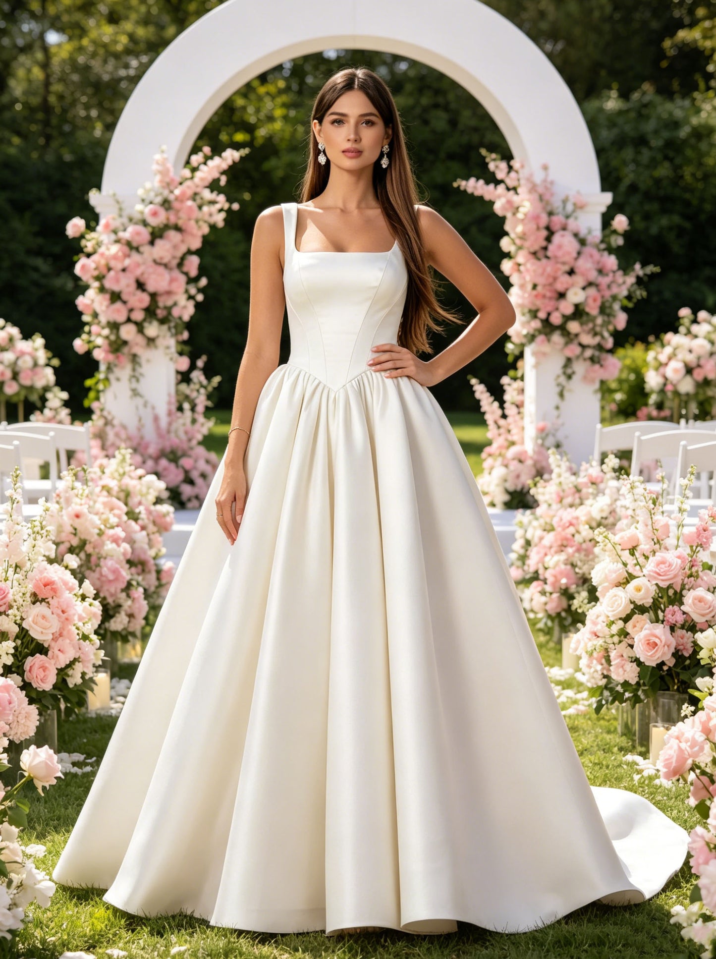 Women's Sleeveless Square Neck Straps A-line Wedding Dress