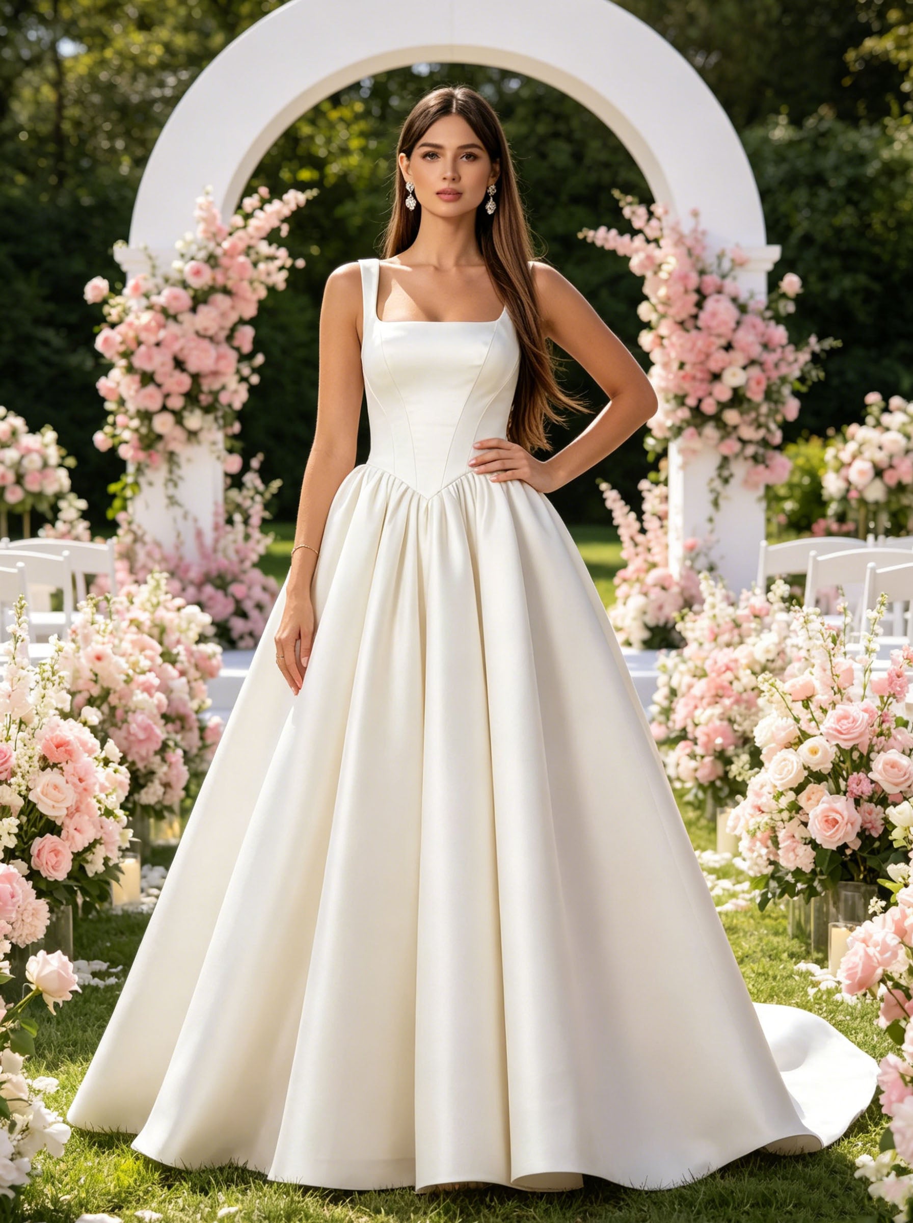 Women's Sleeveless Square Neck Straps A-line Wedding Dress