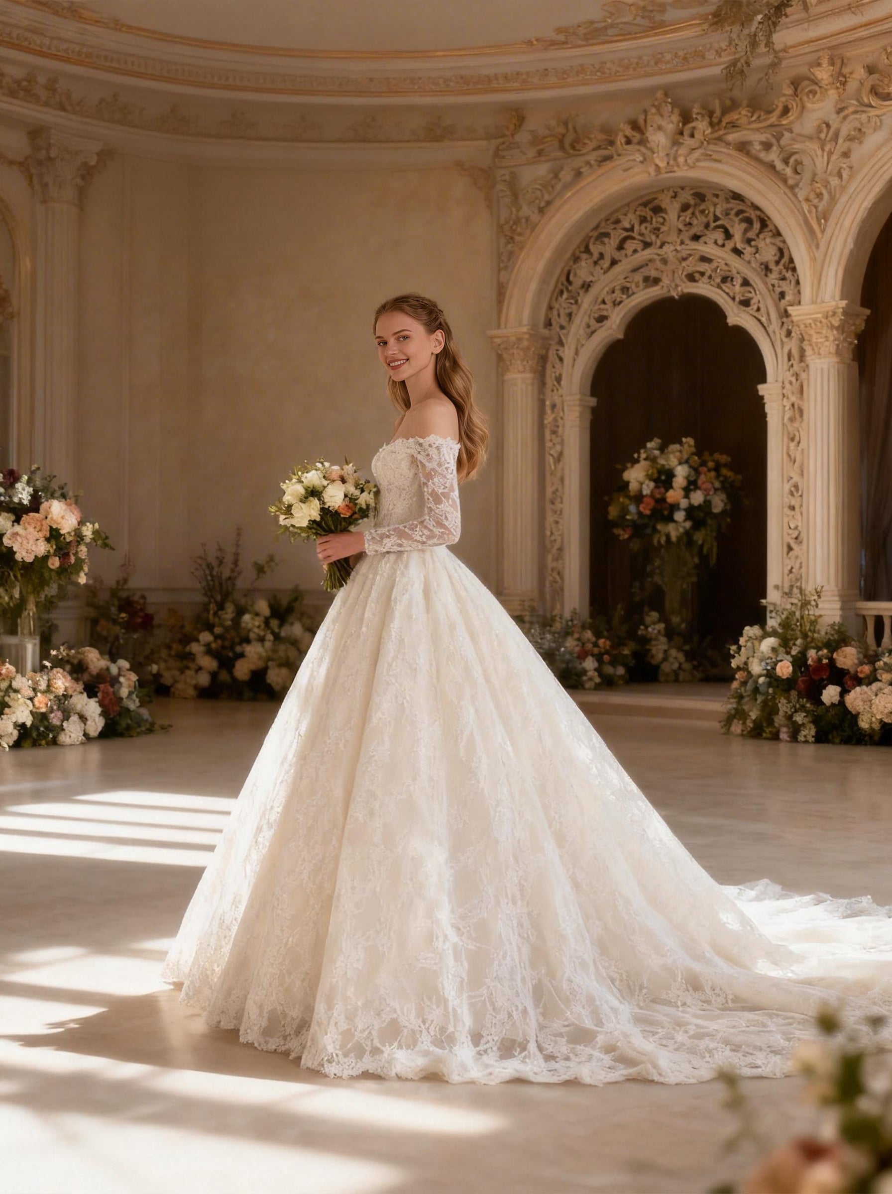 White Off The Shoulder Wedding Dress,Long Sleeves Tull Prom Dress