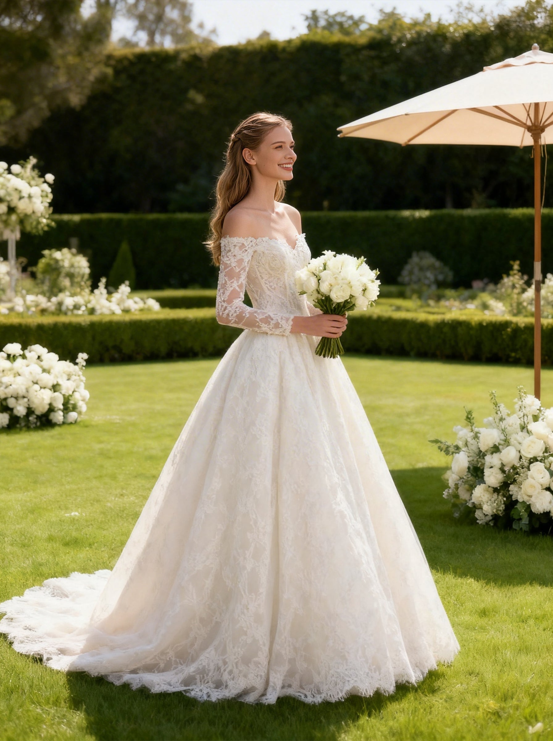 White Off The Shoulder Wedding Dress,Long Sleeves Tull Prom Dress