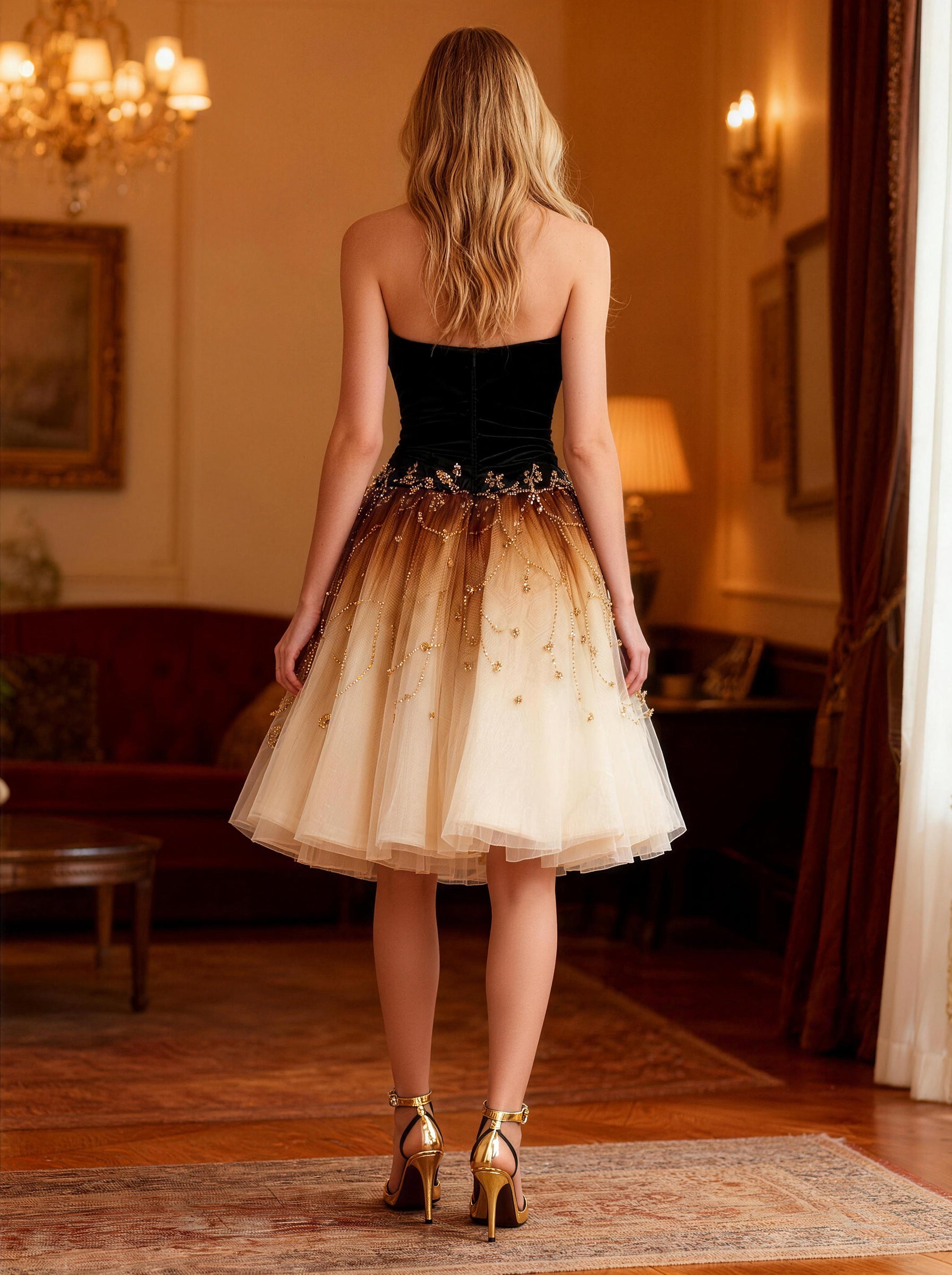 Black and Gold Fitted Tull Skirt，Formal Homecoming Dress