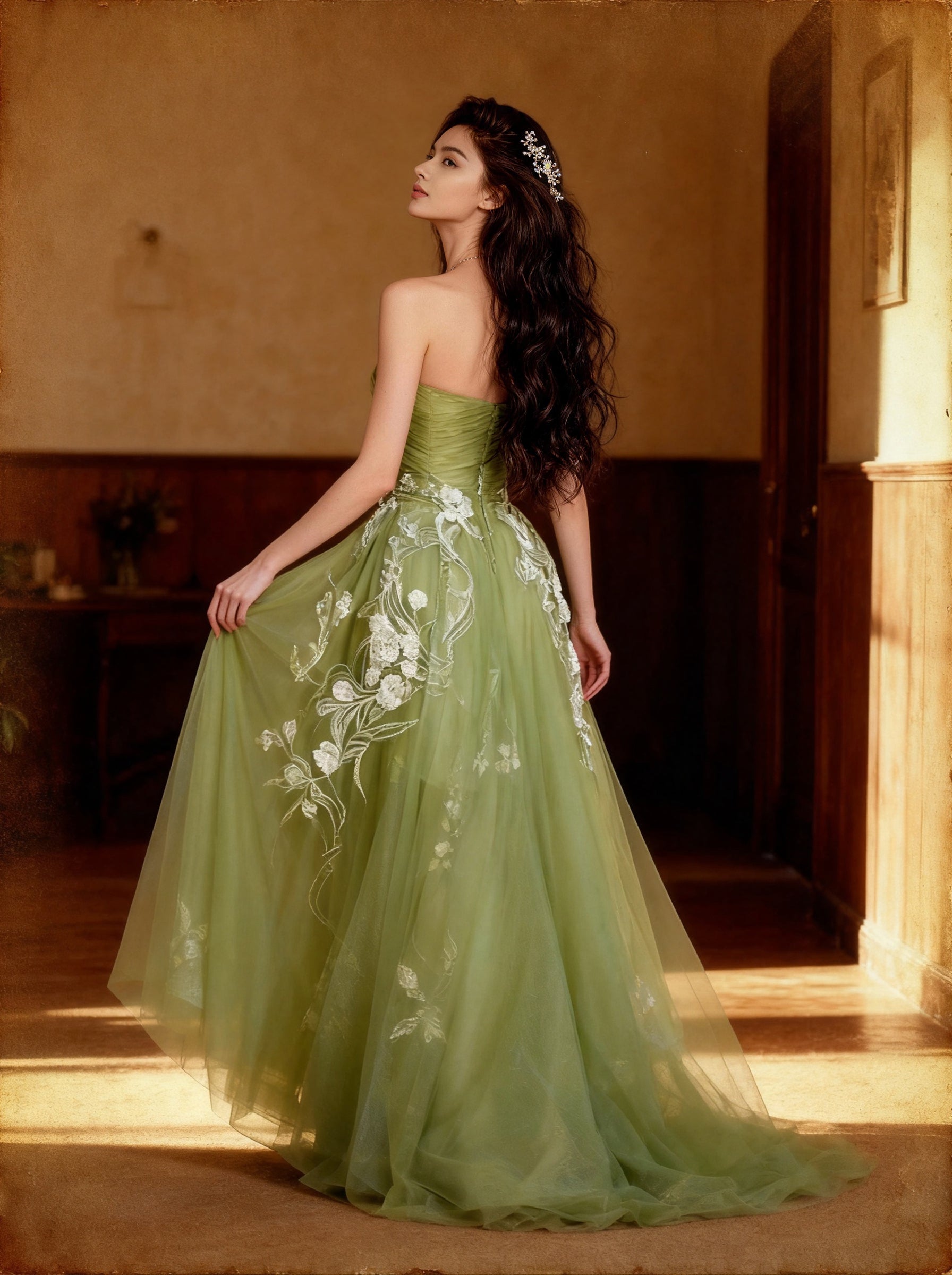 Green Tull Long Prom Dress,Formal Evening Dress