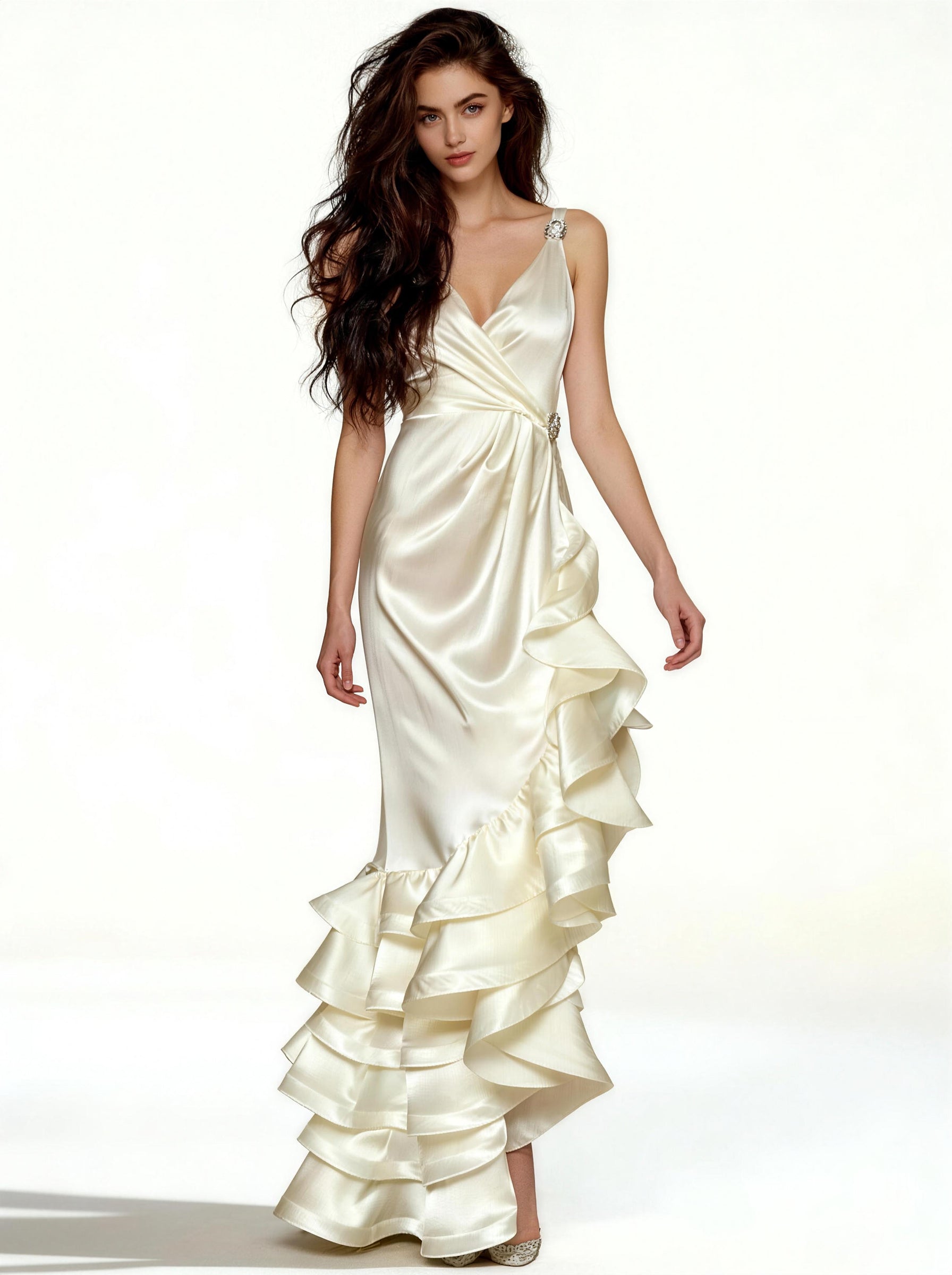 White V-neck Long Prom Dress,Formal Evening Dress
