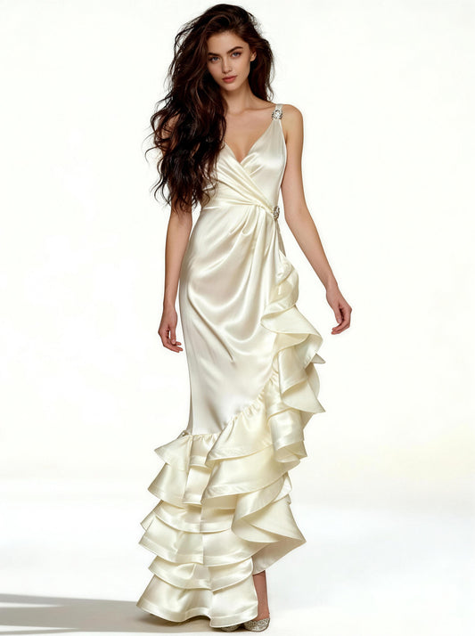 White V-neck Long Prom Dress,Formal Evening Dress