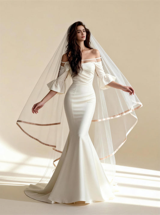 White Long Sleeves Wedding Dress Leading Yarn,Prom Dress