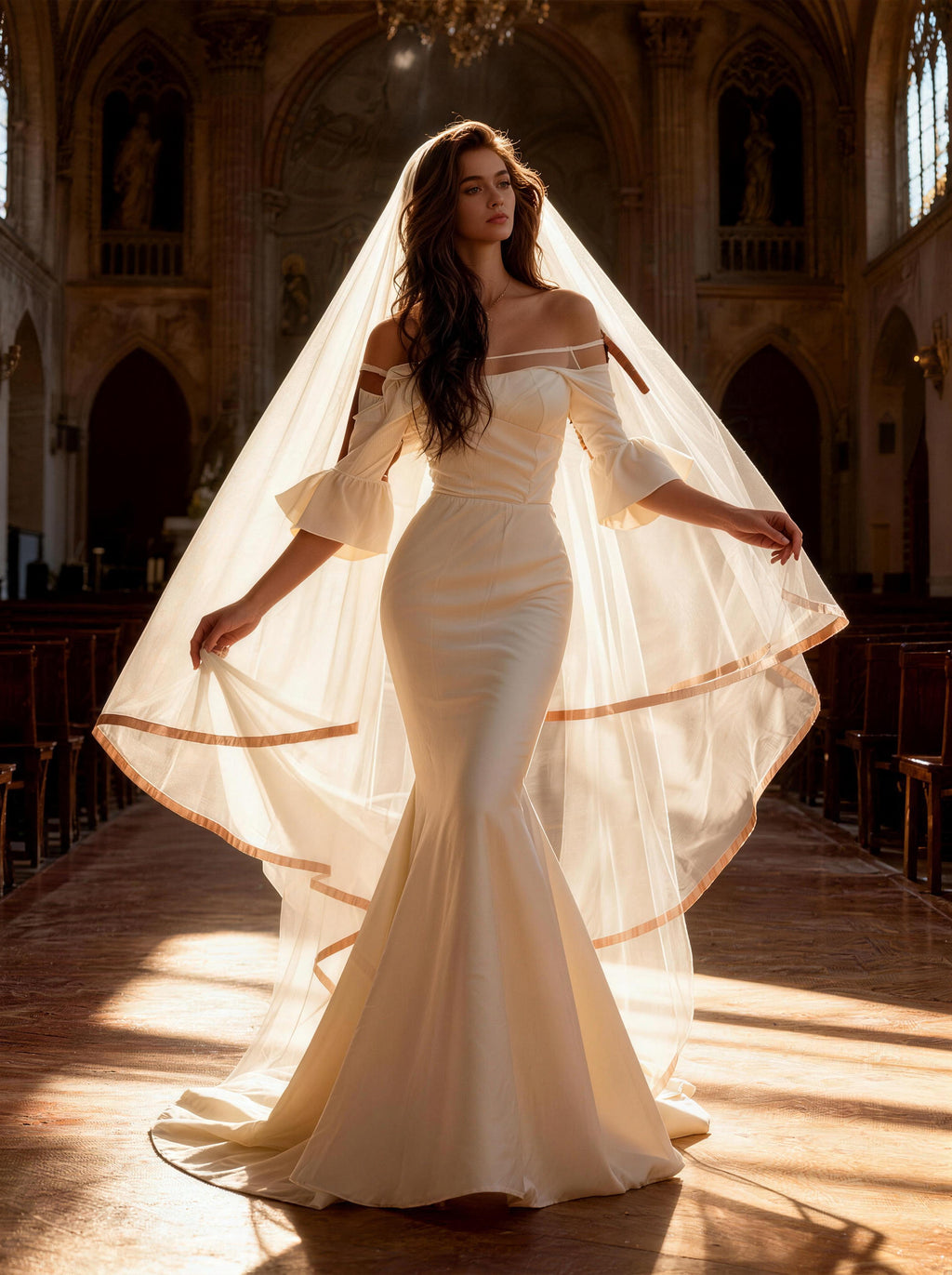 White Long Sleeves Wedding Dress Leading Yarn,Prom Dress