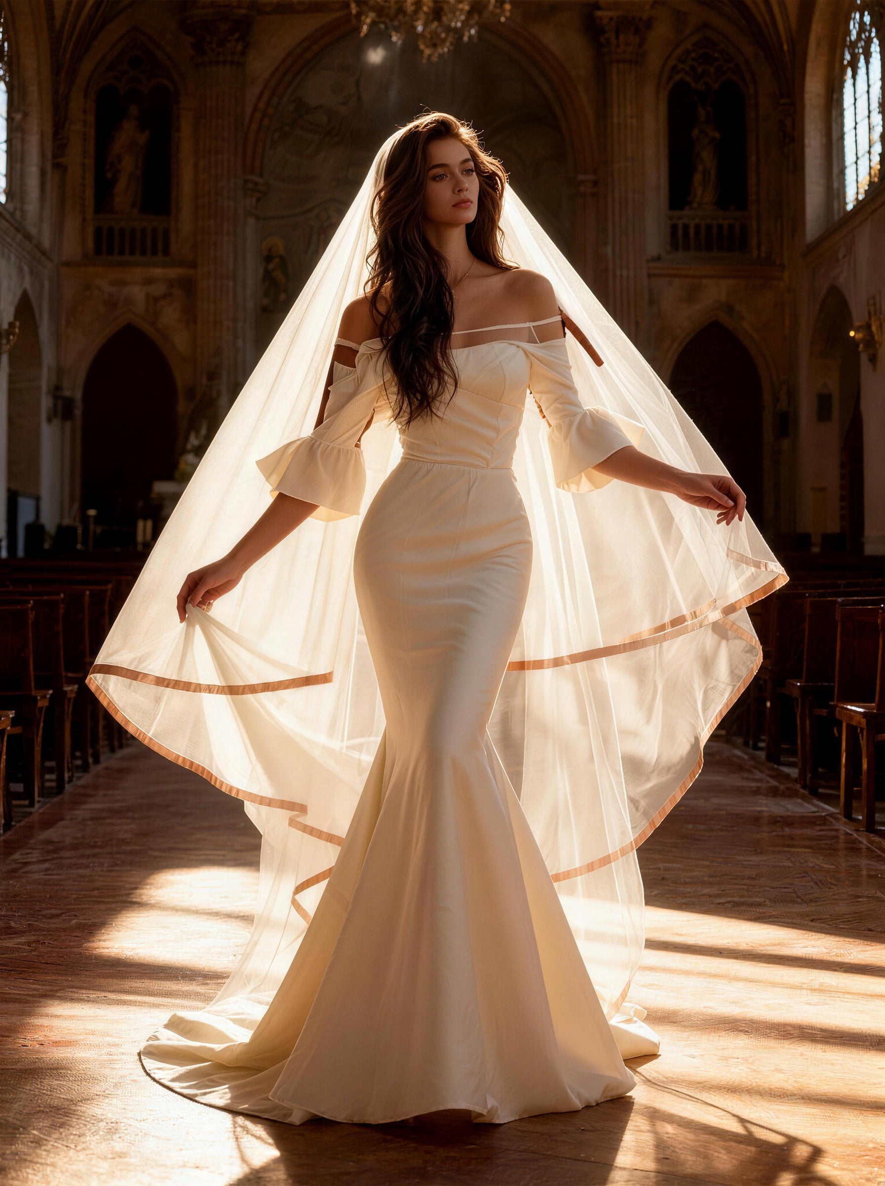 White Long Sleeves Wedding Dress Leading Yarn,Prom Dress