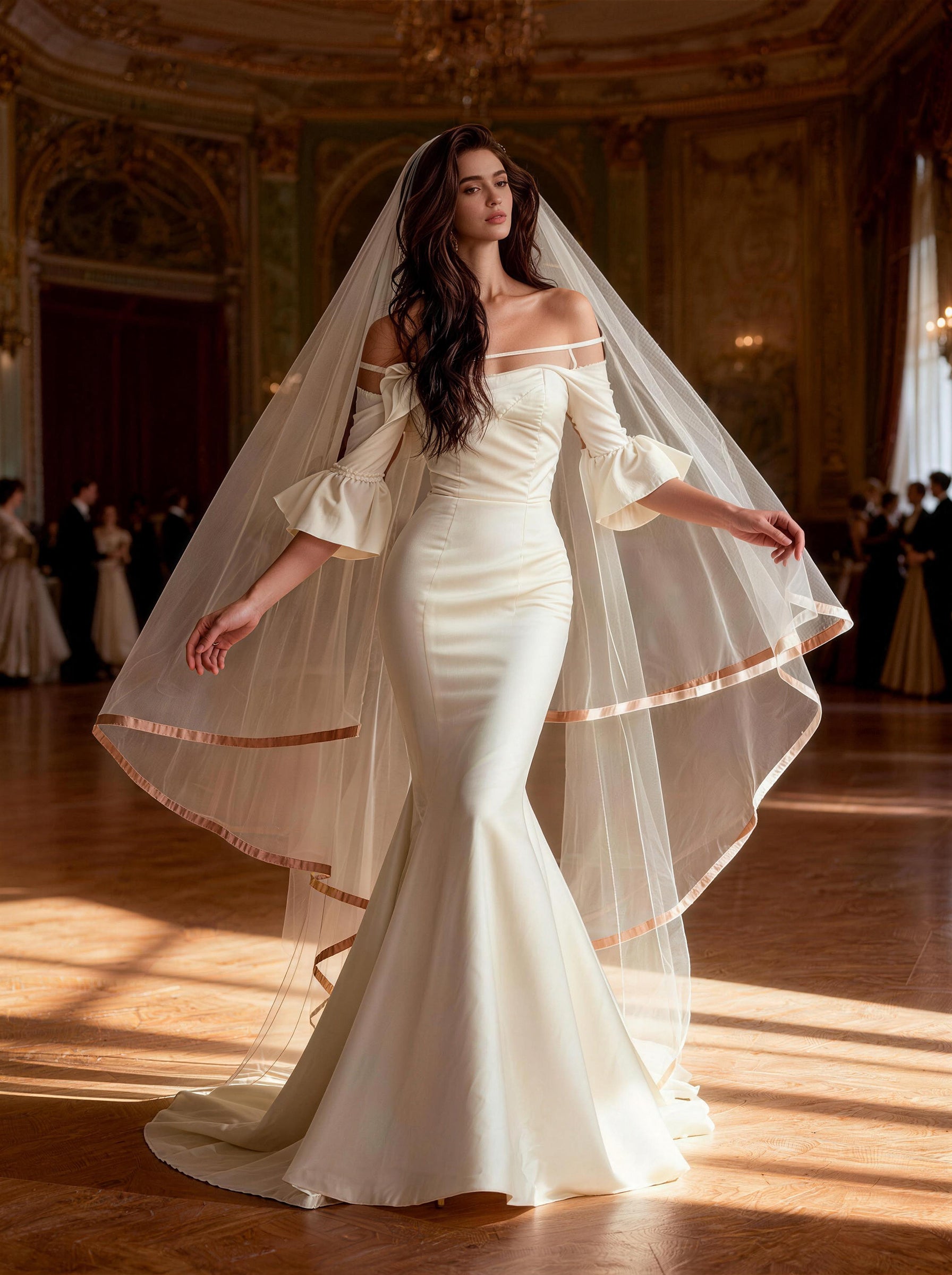 White Long Sleeves Wedding Dress Leading Yarn,Prom Dress