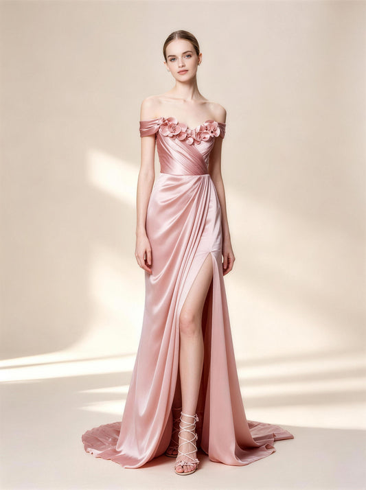Pink Off the Shoulder Long Prom Dress,Formal Evening Dress