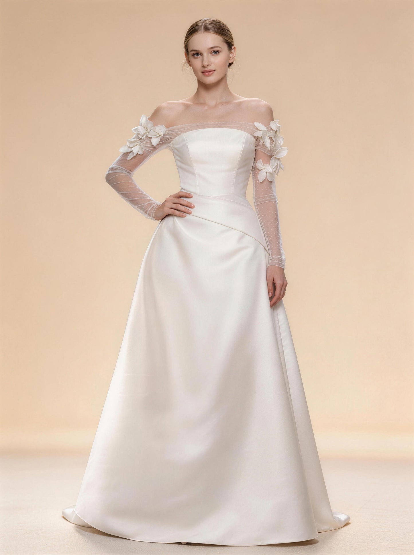 White Satin Square Long-sleeved Wedding Dress,Prom Dress