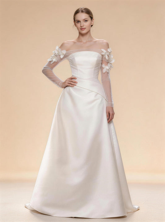 White Satin Square Long-sleeved Wedding Dress,Prom Dress