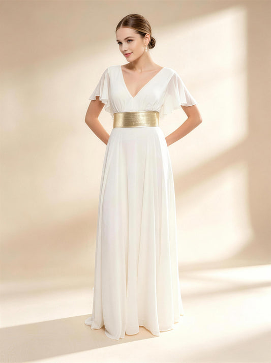 V-neck White Long Prom Dress,Formal Evening Dress