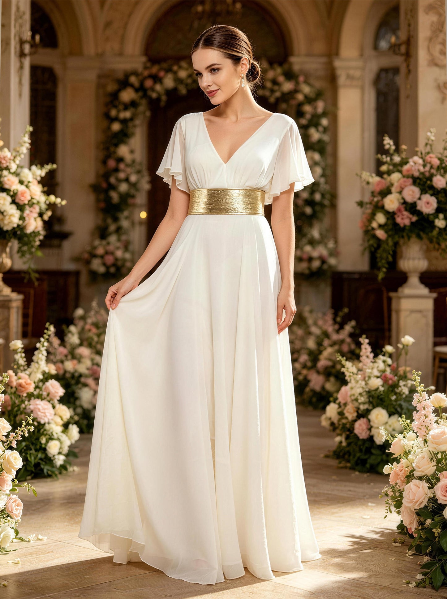 V-neck White Long Prom Dress,Formal Evening Dress
