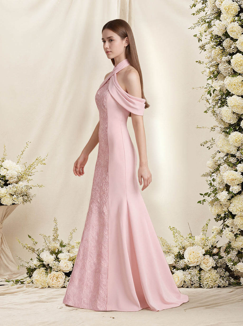 Pink Halter Neck Dress Satin Prom Formal Dress