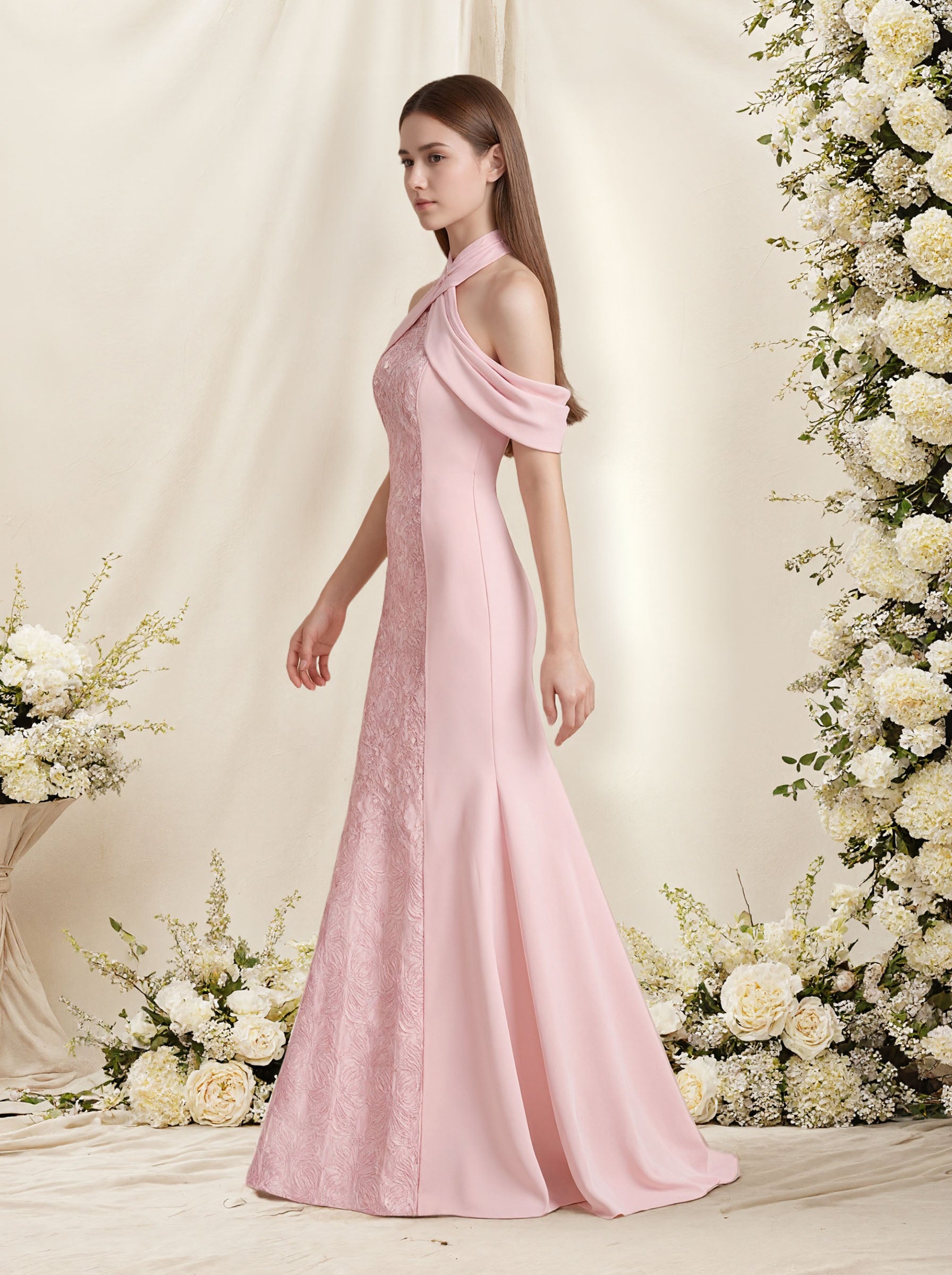 Pink Halter Neck Dress Satin Prom Formal Dress