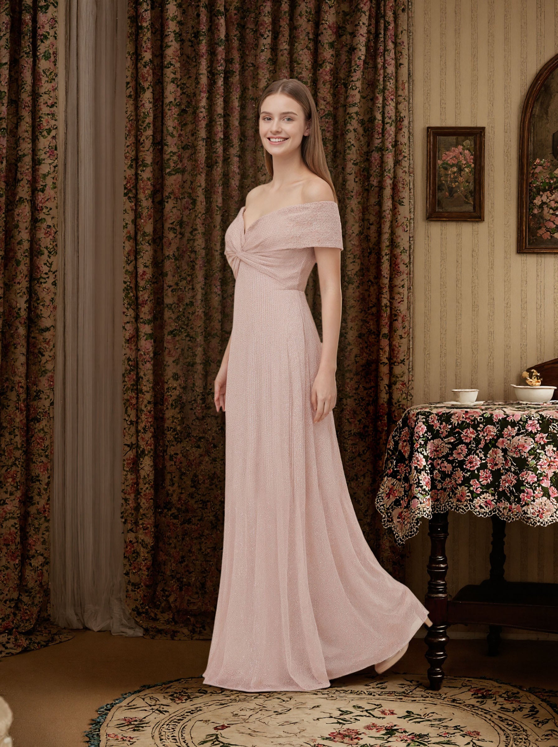 Pink Off Shoulder Dress Prom Formal Dress