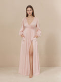 Pink Chiffon V-neck Long Prom Dress,Formal Evening Dress
