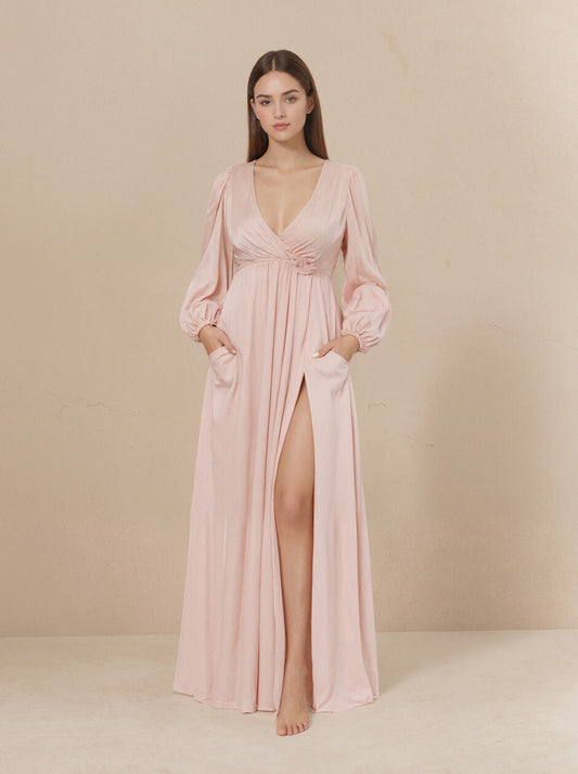Pink Chiffon V-neck Long Prom Dress,Formal Evening Dress