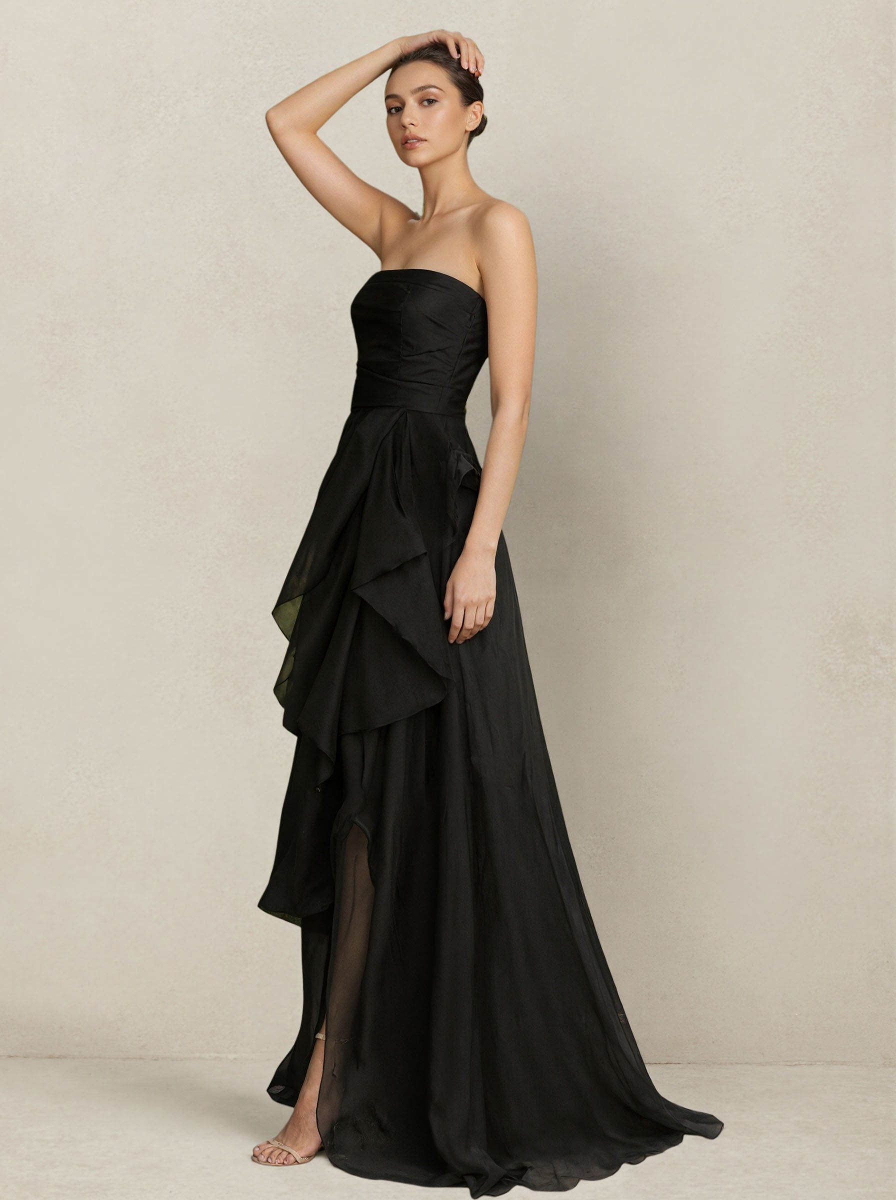 Strapless Black Asymmetric Ruffle Maxi Dress
