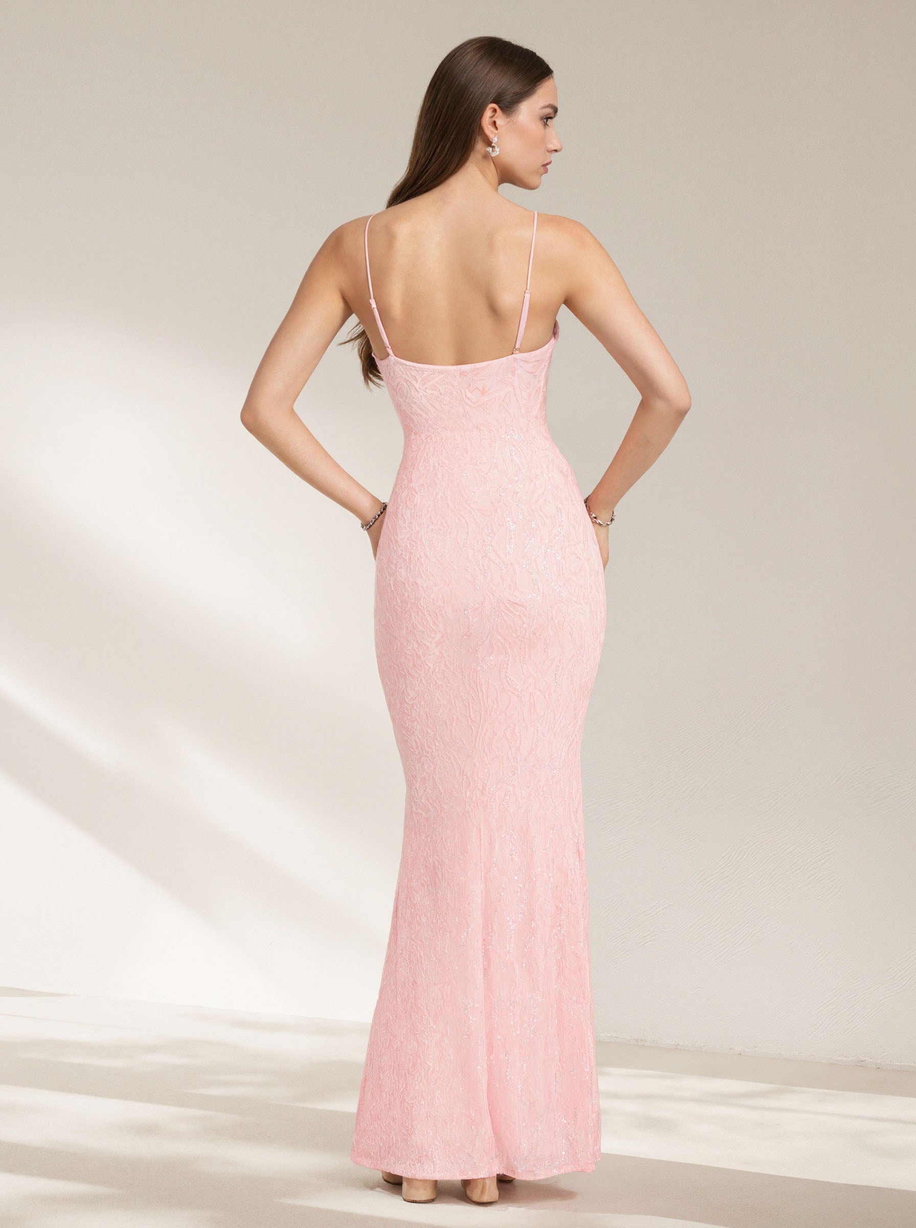 Pink V-Neck Prom Dress Formal Weedding Dress