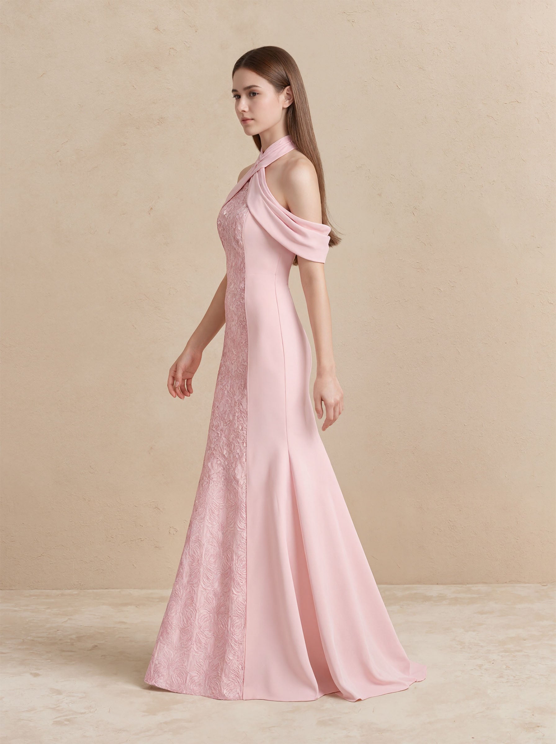 Pink Halter Neck Dress Satin Prom Formal Dress