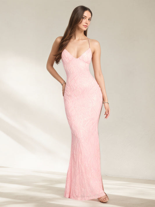 Pink V-Neck Prom Dress Formal Weedding Dress
