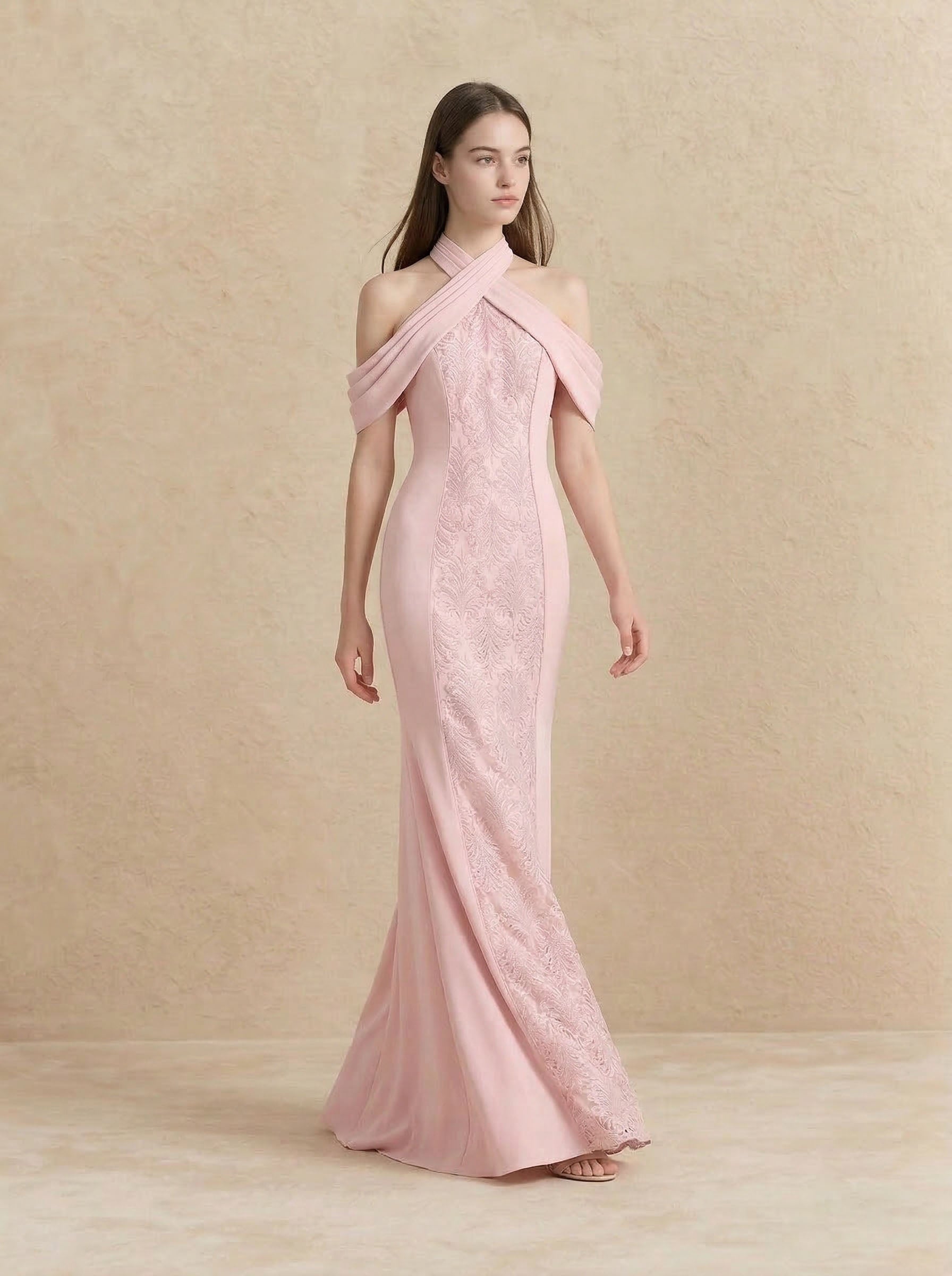 Pink Halter Neck Dress Satin Prom Formal Dress