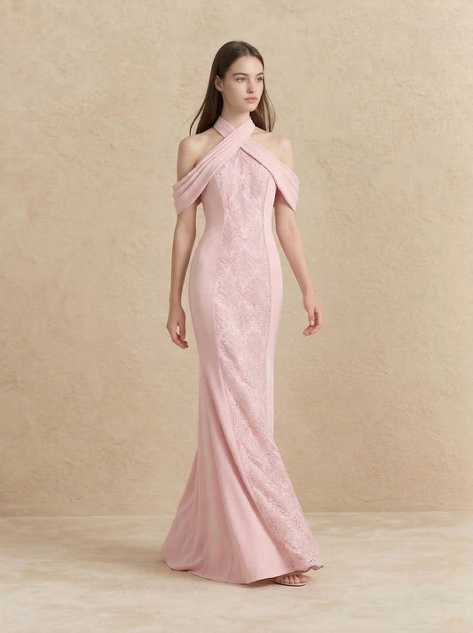 Pink Halter Neck Dress Satin Prom Formal Dress