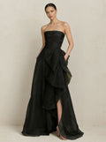 Strapless Black Asymmetric Ruffle Maxi Dress