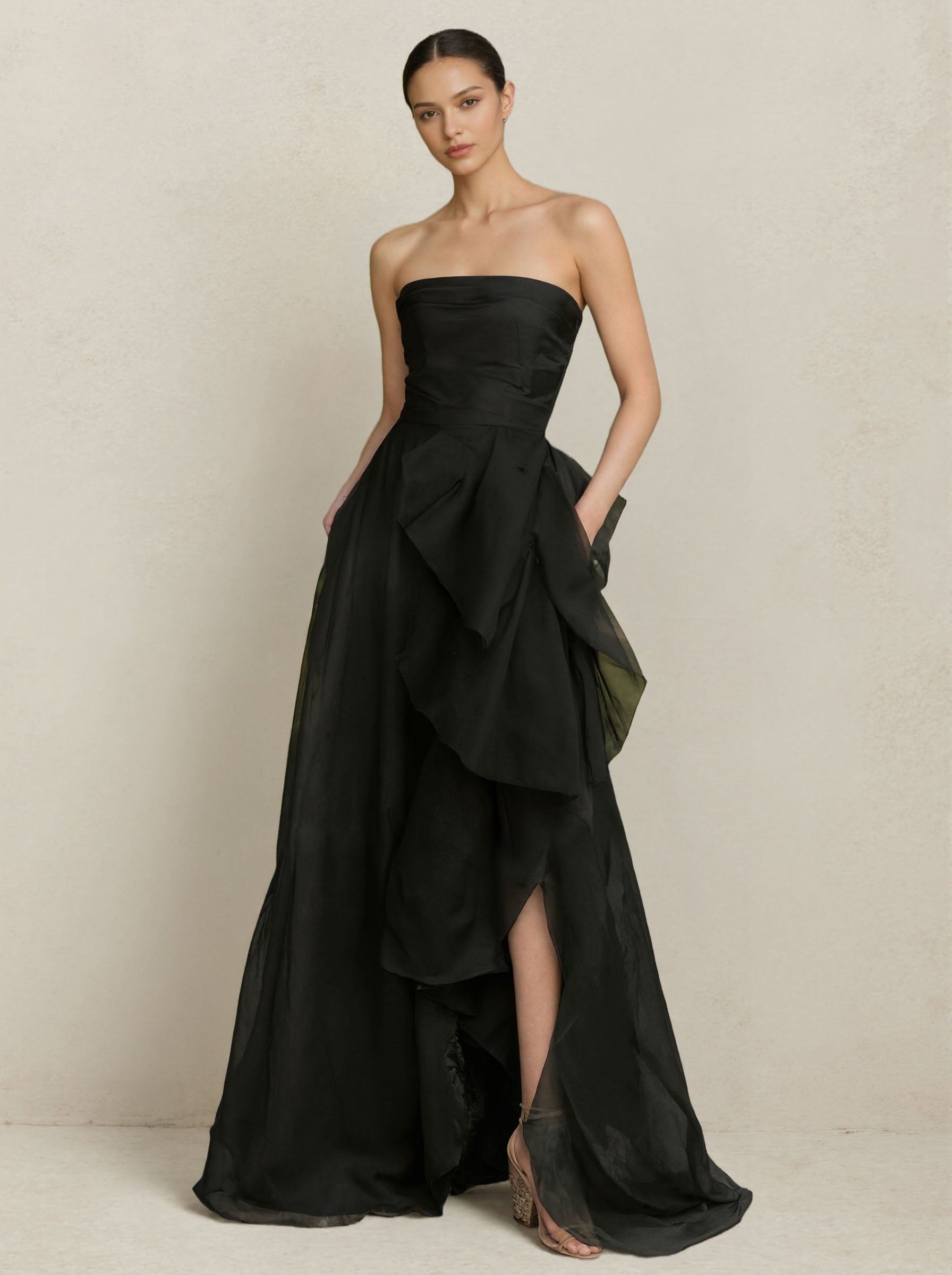 Strapless Black Asymmetric Ruffle Maxi Dress