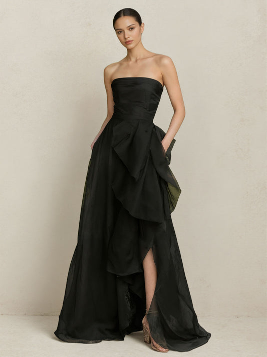Strapless Black Asymmetric Ruffle Maxi Dress