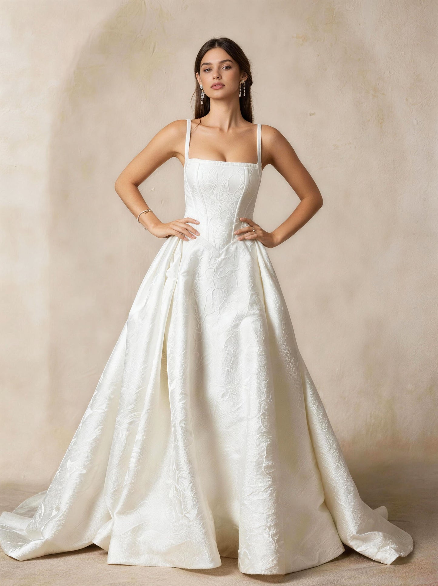 White Women's Sleeveless Square Neck Straps A-line Embroidery Wedding Dress