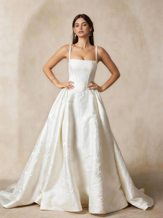 White Women's Sleeveless Square Neck Straps A-line Embroidery Wedding Dress
