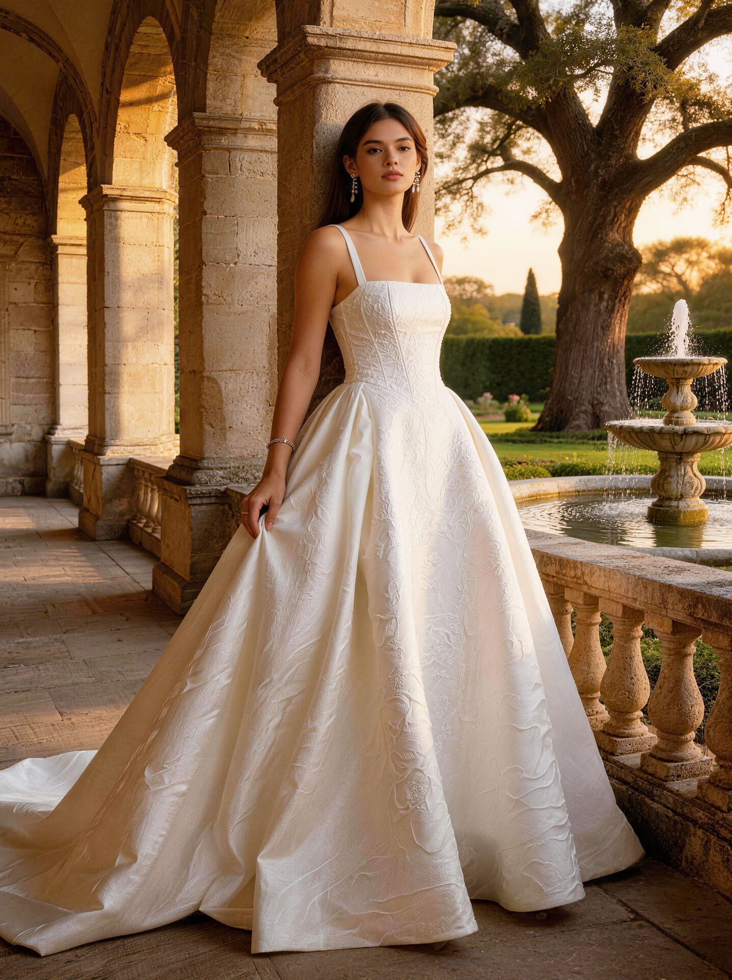 White Women's Sleeveless Square Neck Straps A-line Embroidery Wedding Dress