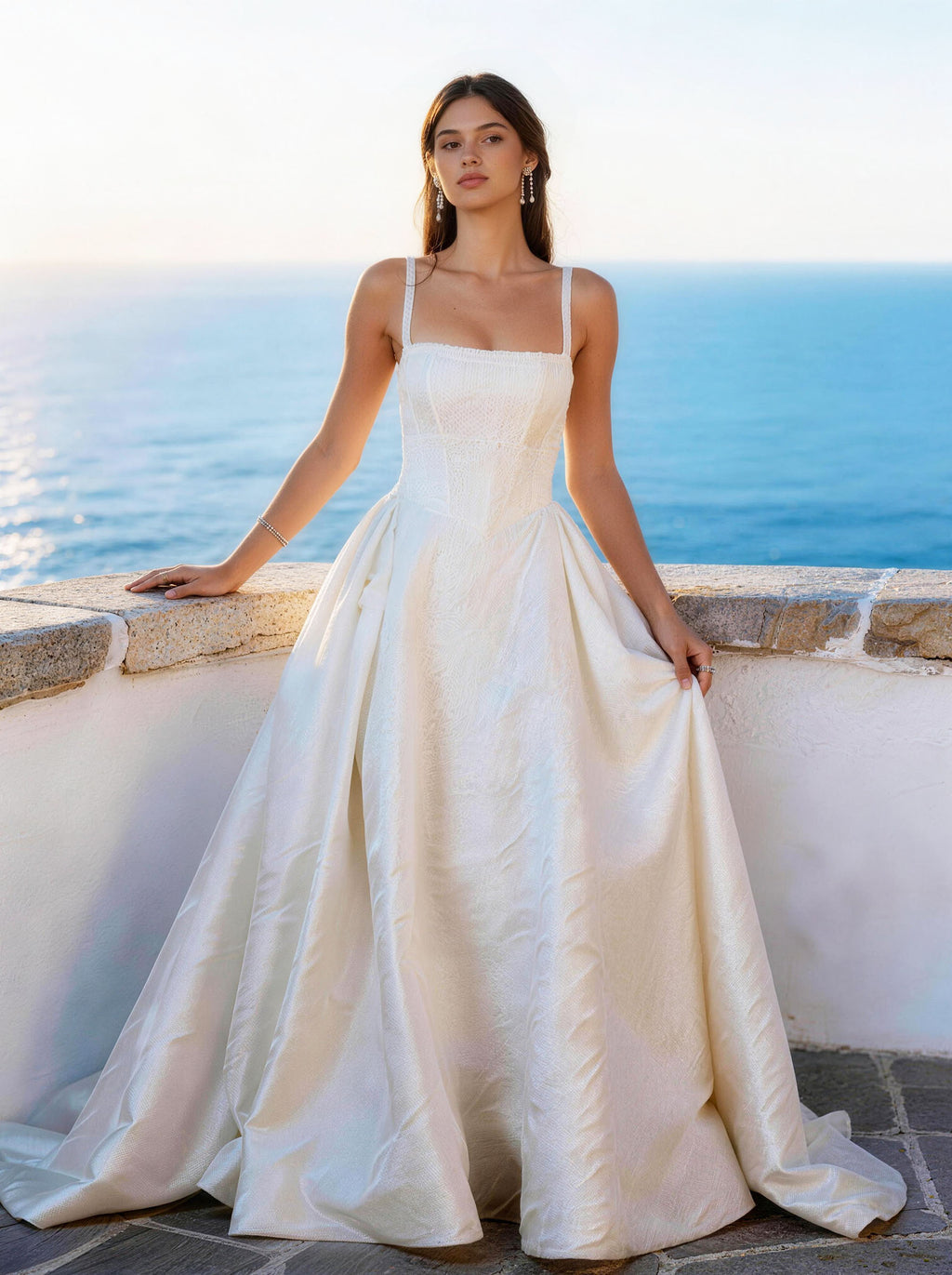 White Women's Sleeveless Square Neck Straps A-line Embroidery Wedding Dress