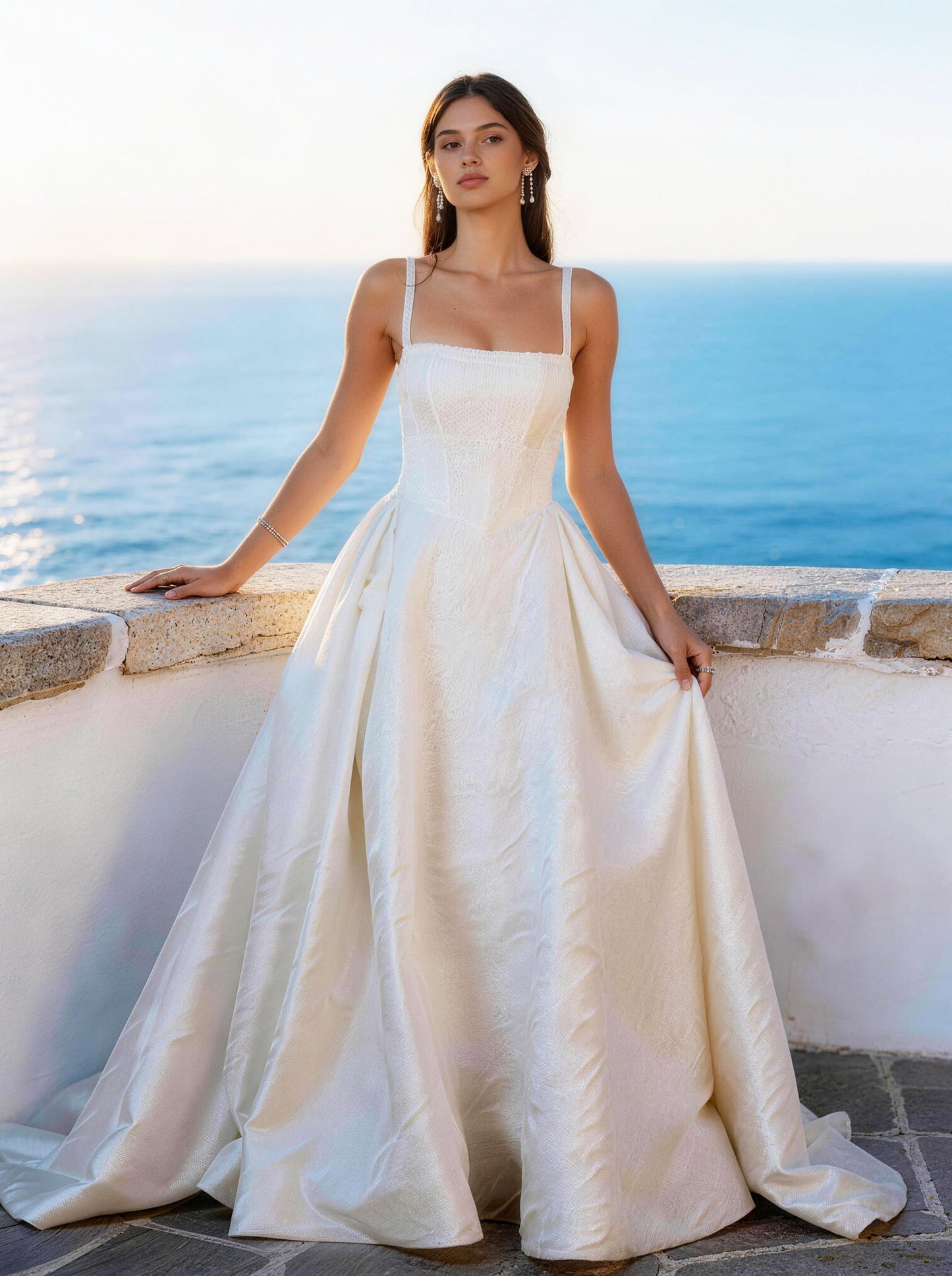 White Women's Sleeveless Square Neck Straps A-line Embroidery Wedding Dress