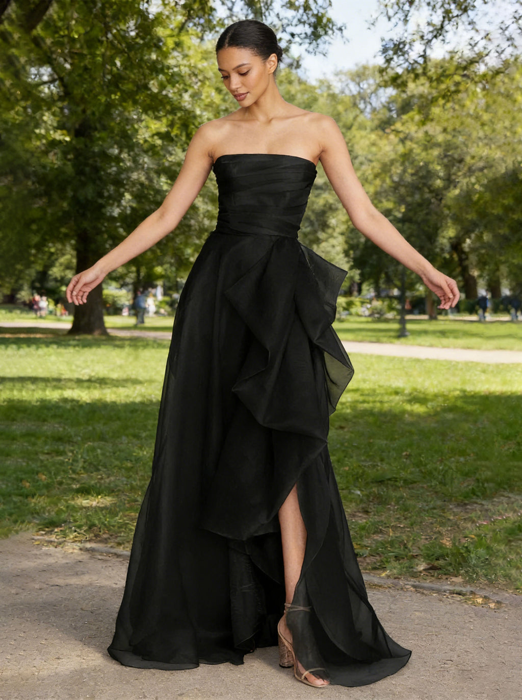 Strapless Black Asymmetric Ruffle Maxi Dress