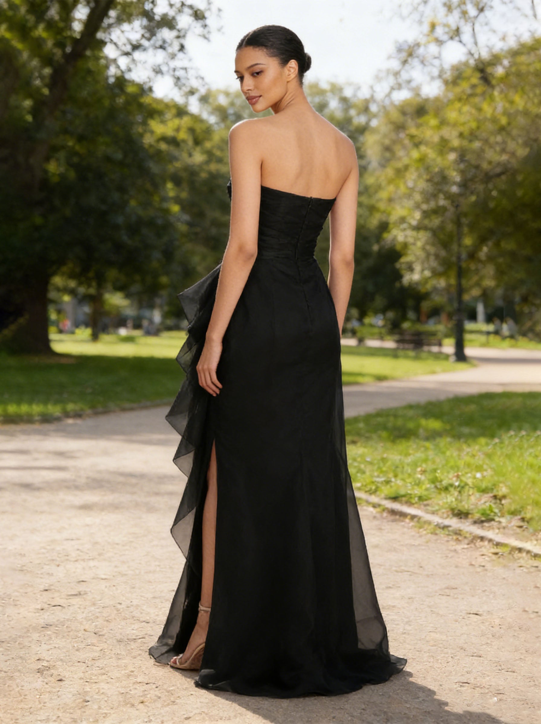 Strapless Black Asymmetric Ruffle Maxi Dress