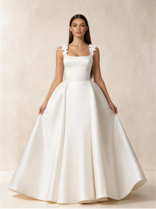 White Women's Sleeveless Square Neck Straps A-line Wedding Dress