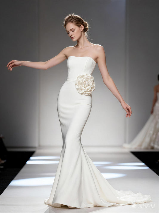 Strapless Satin Mermaid Wedding Dress with Floral Detail