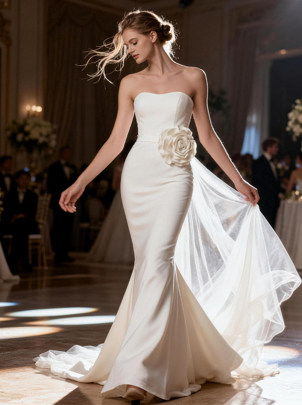 Strapless Satin Mermaid Wedding Dress with Floral Detail