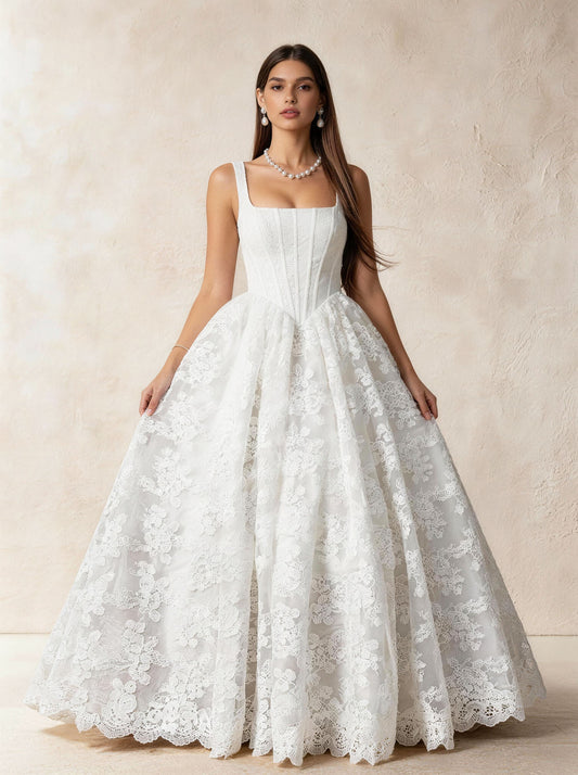 White Embroidery Women's Sleeveless Square Neck Straps A-line Wedding Dress
