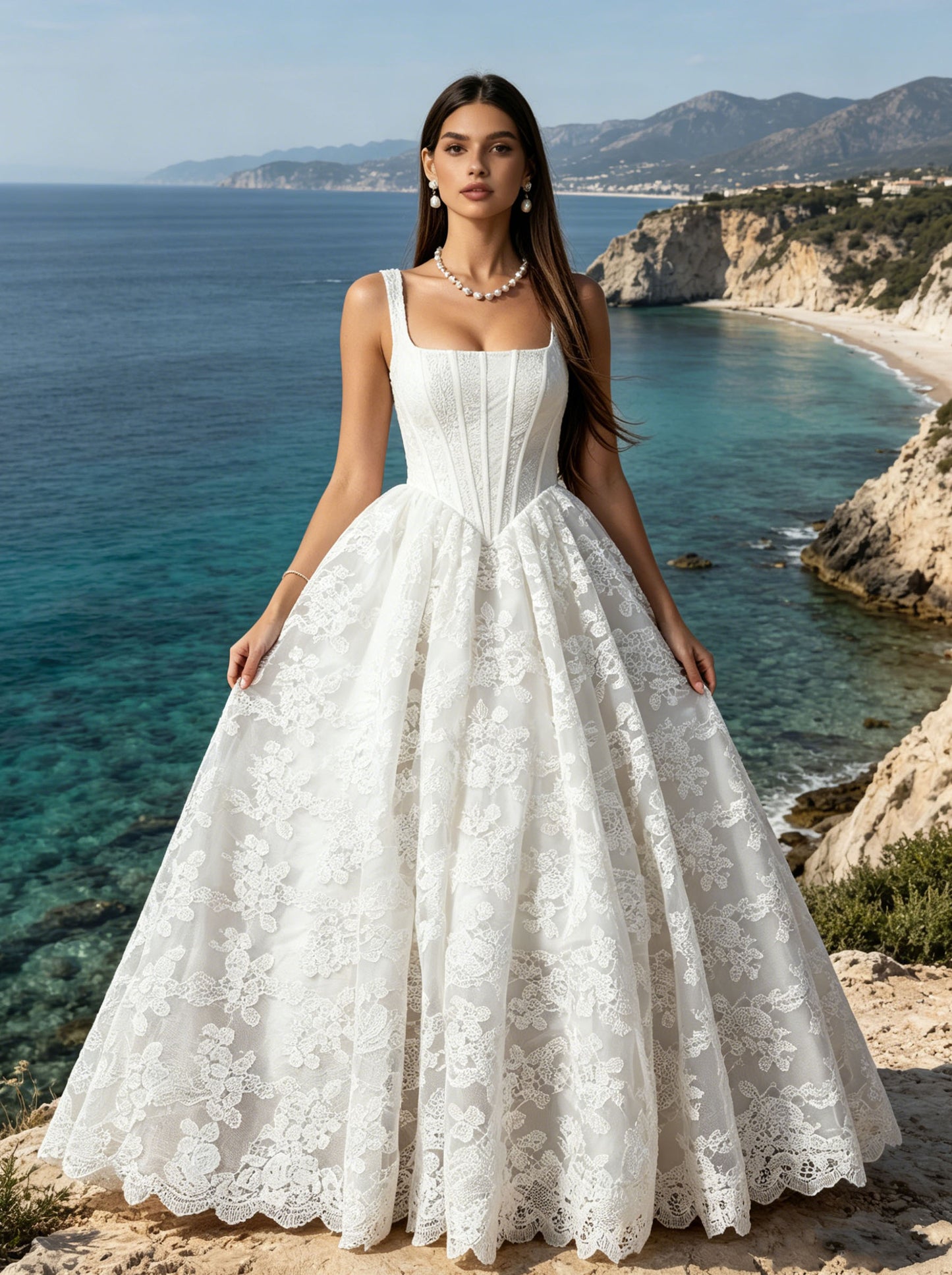 White Embroidery Women's Sleeveless Square Neck Straps A-line Wedding Dress