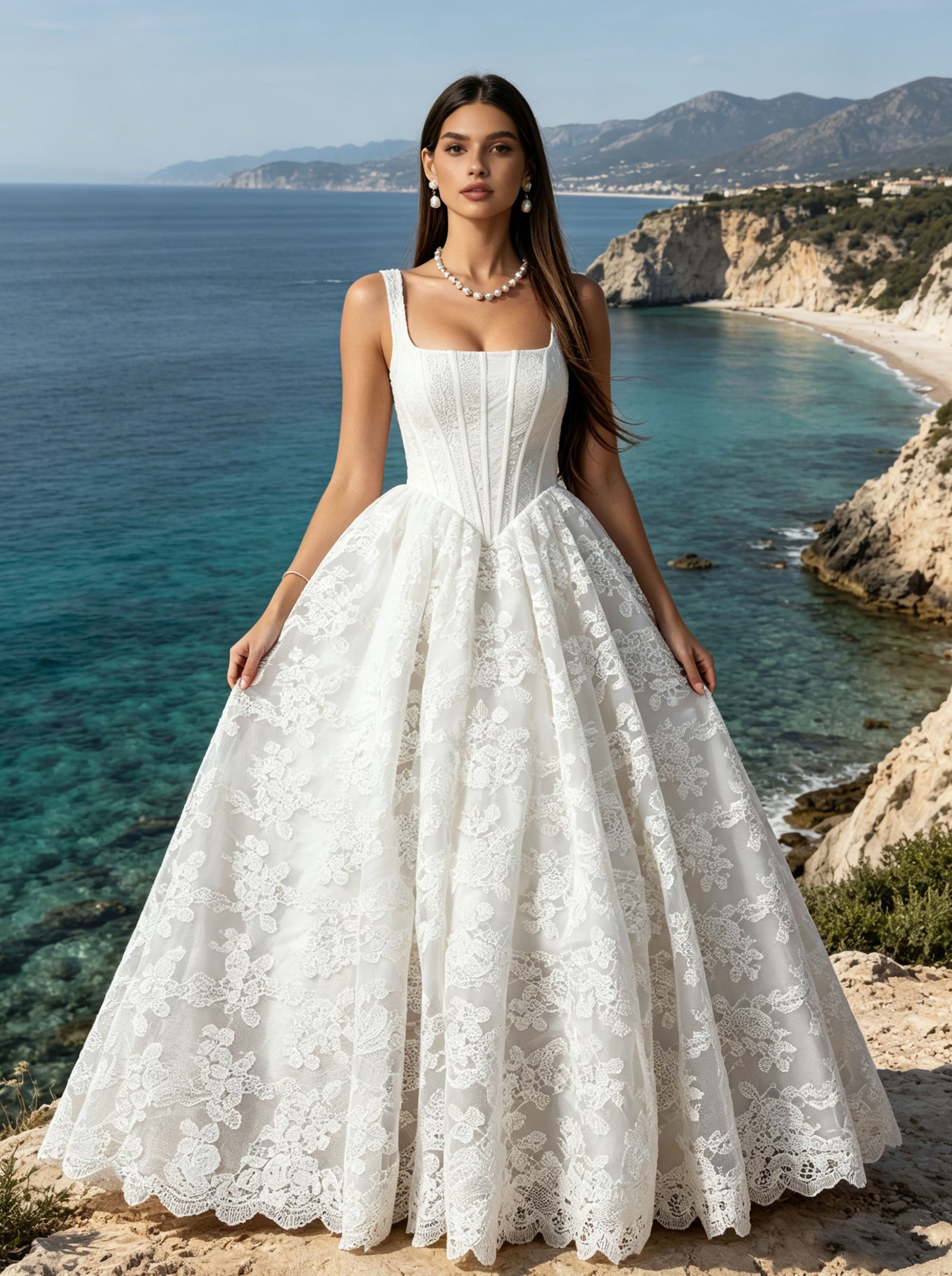 White Embroidery Women's Sleeveless Square Neck Straps A-line Wedding Dress
