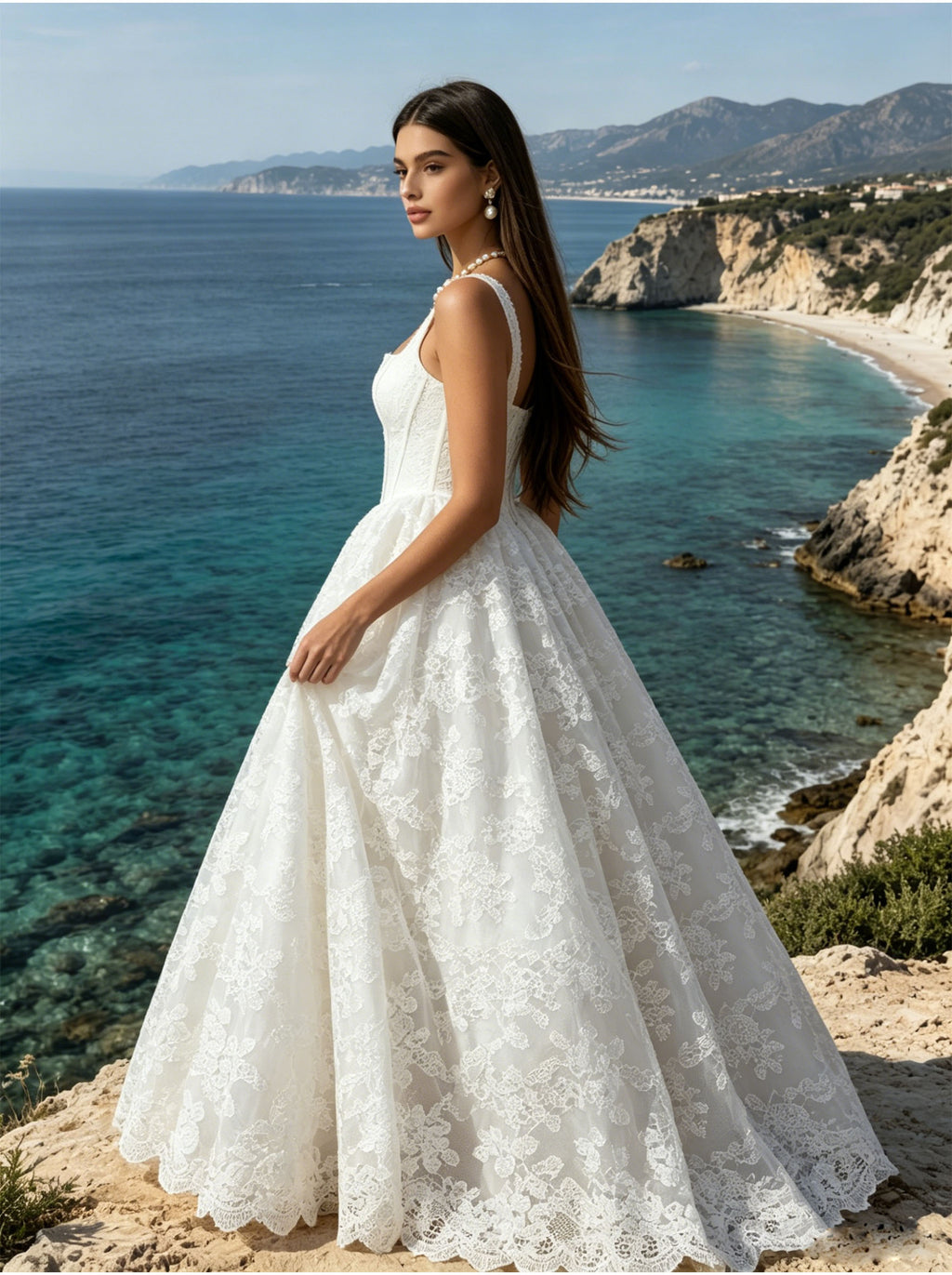 White Embroidery Women's Sleeveless Square Neck Straps A-line Wedding Dress