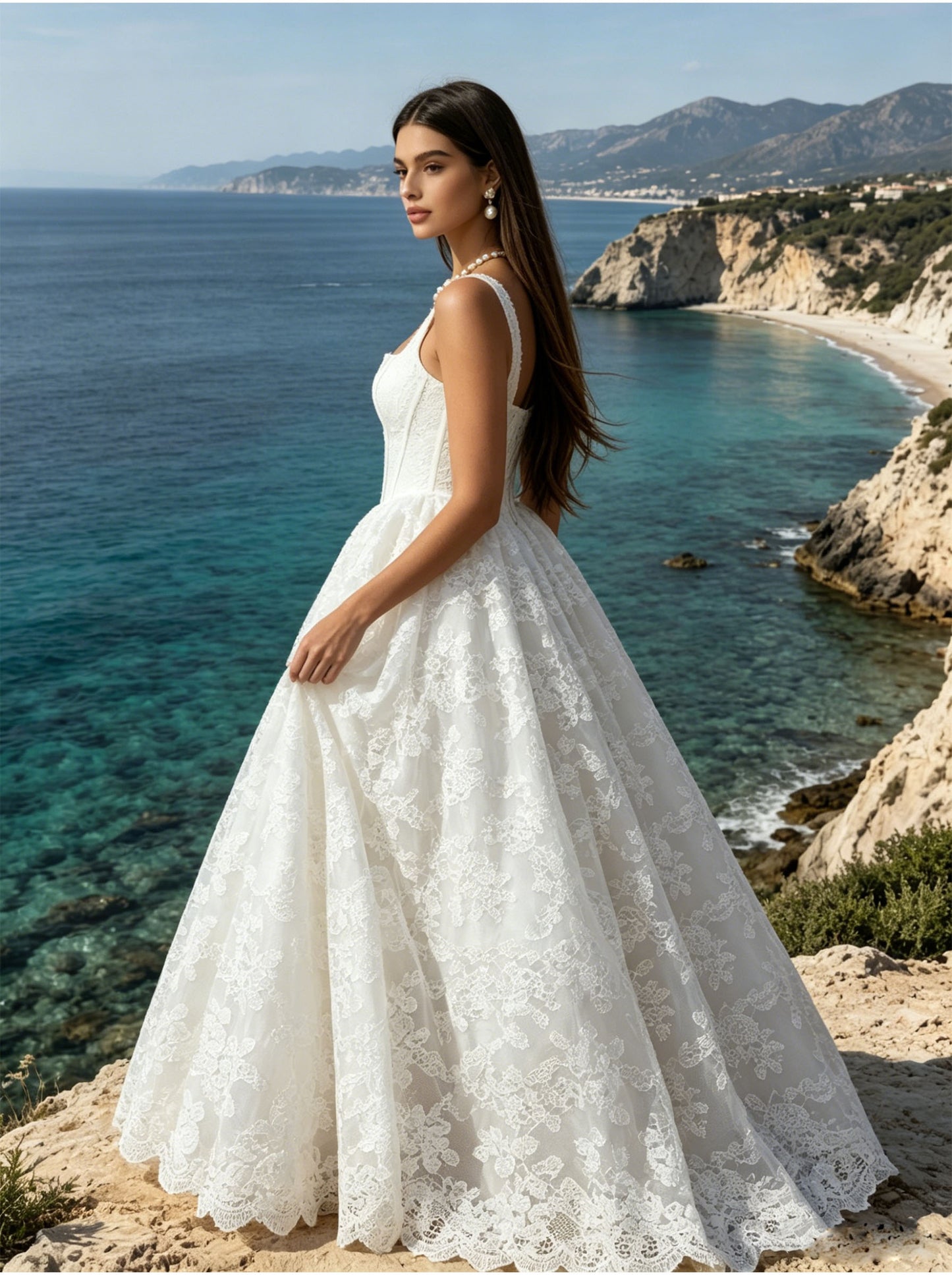 White Embroidery Women's Sleeveless Square Neck Straps A-line Wedding Dress