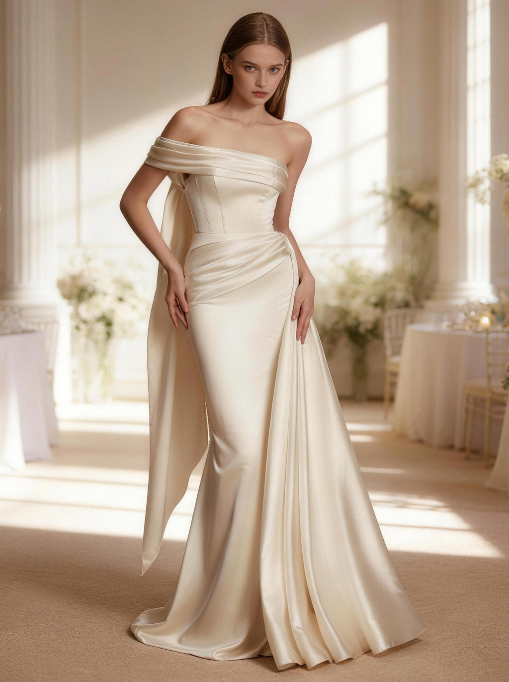 White Off The Shoulder Satin Wedding Dress,Formal Prom Dress