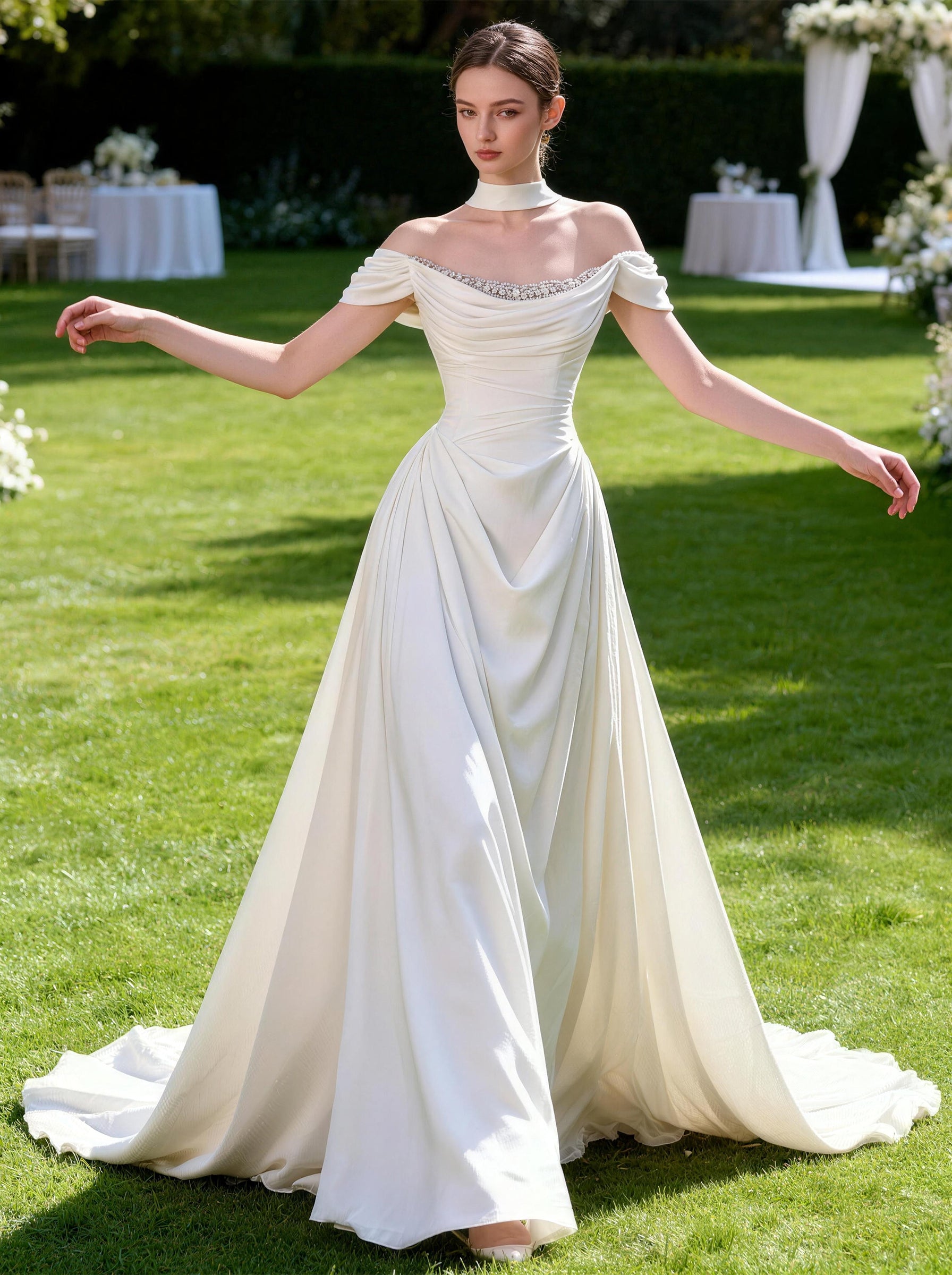 White Off The Shoulder Wedding Dress,Satin Formal Prom Dress