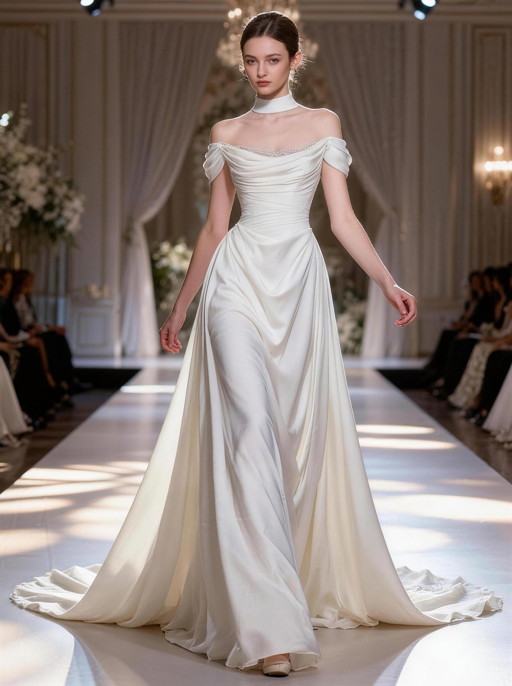 White Off The Shoulder Wedding Dress,Satin Formal Prom Dress